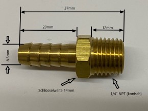 Messing Fitting gerade 1/4" NPT 8mm Schlauchanschluss Schlauchstutzen