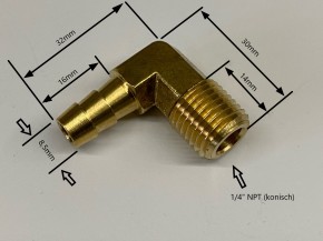 Messing Fitting 90° 1/4" NPT, 8mm Schlauchanschluss